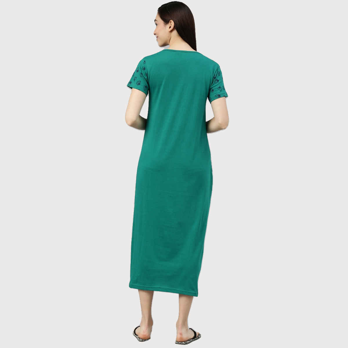 Kryptic Women Printed Pure Cotton Maxi Nightdress | Dark Teal Green - M