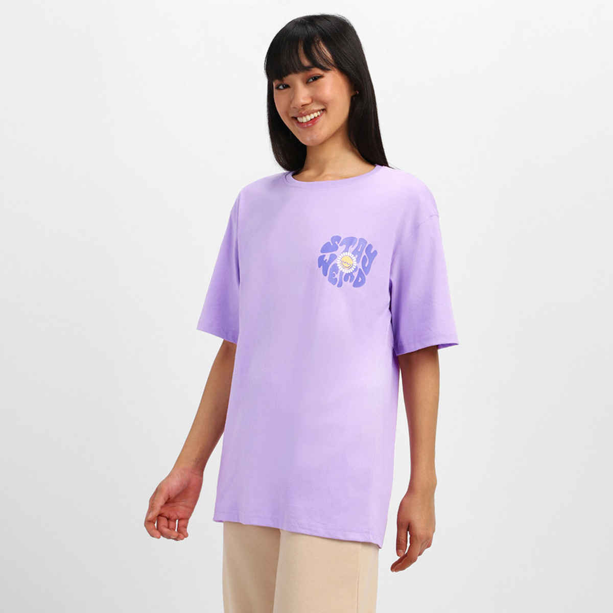 Juneberry Women T-shirt - Purple | Pocket Print, Oversized Fit | S