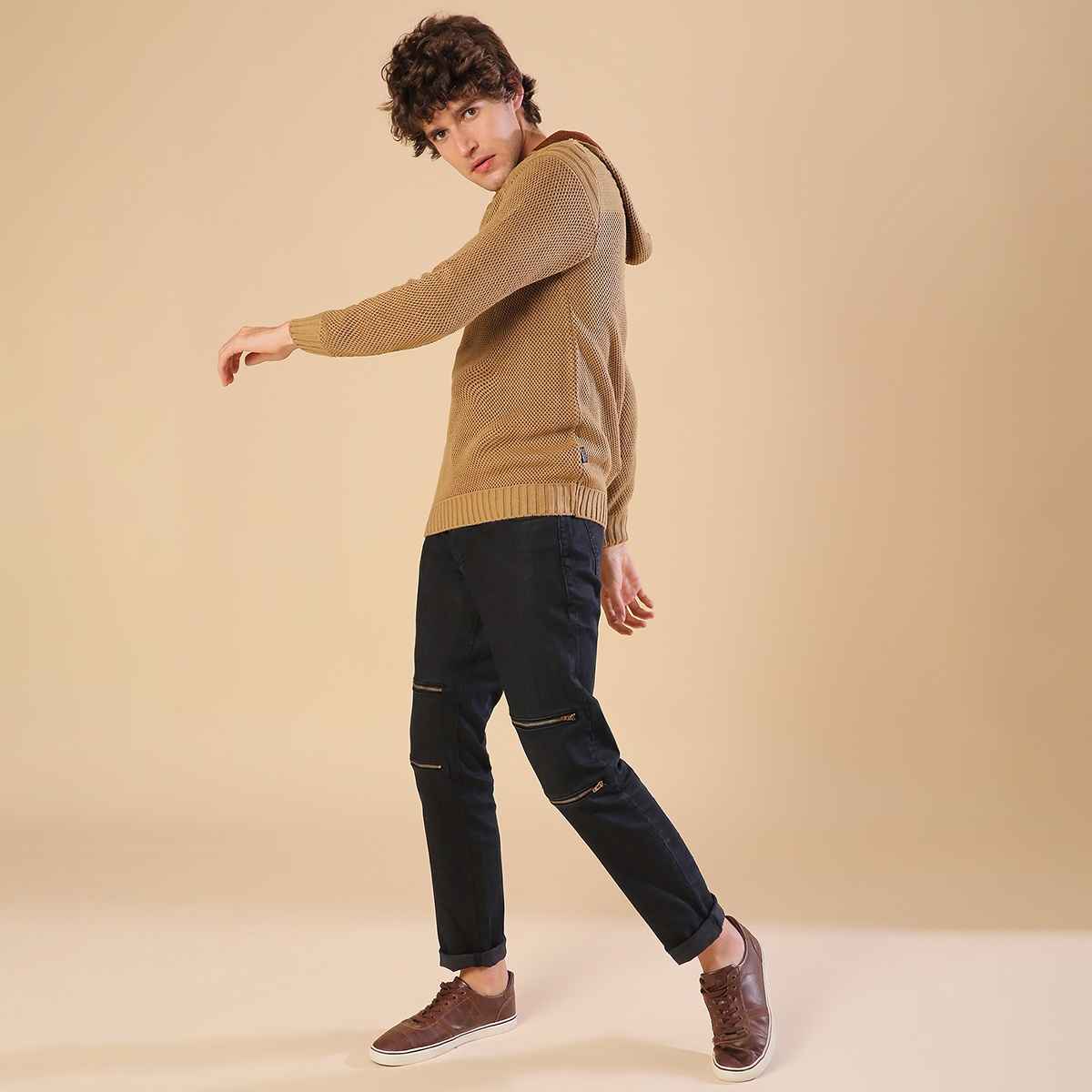 Campus Sutra Men's Hooded Sweatshirt | Beige - S