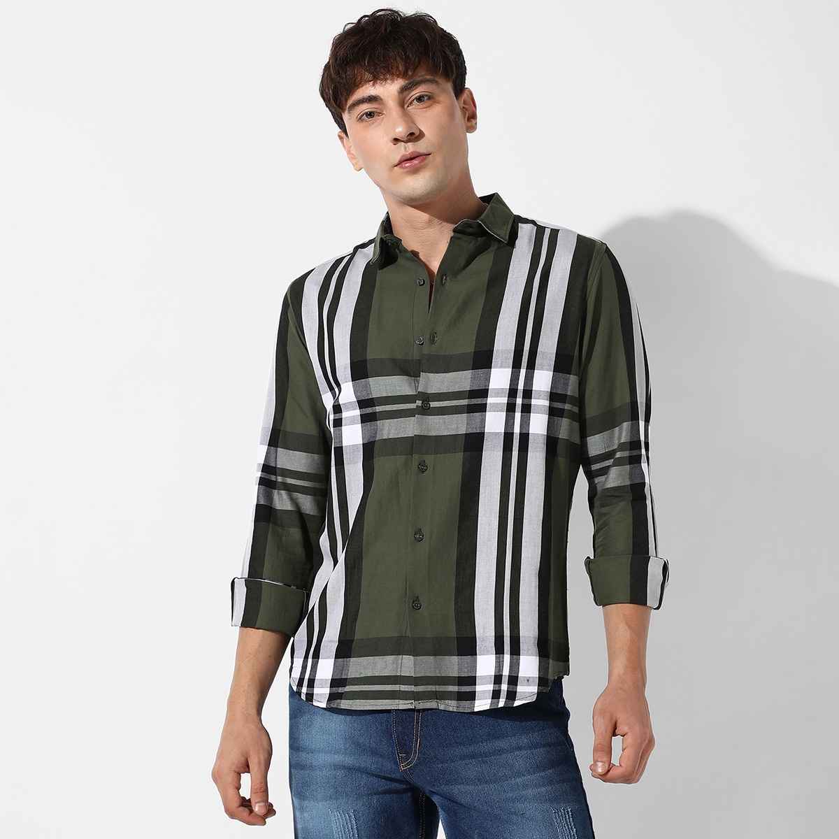 Campus Sutra Men's Tartan Plaid Shirt | Dark Green - L