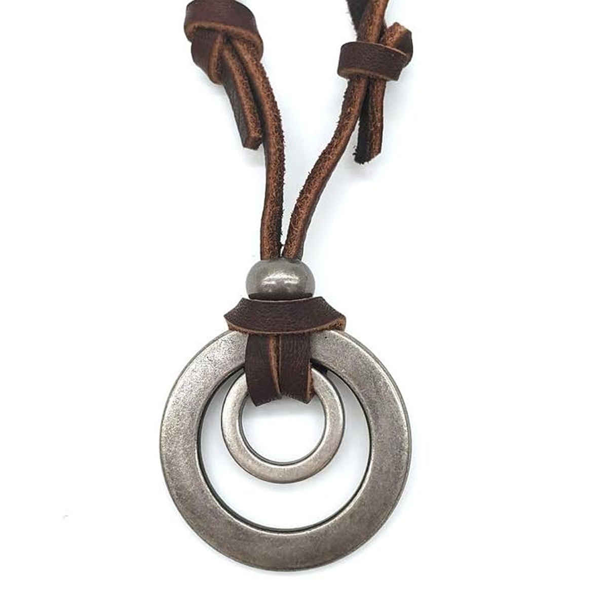 Peora Mens Womens Double Ring Pendant Adjustable Leather Cord Necklace Chain, Brown Silver