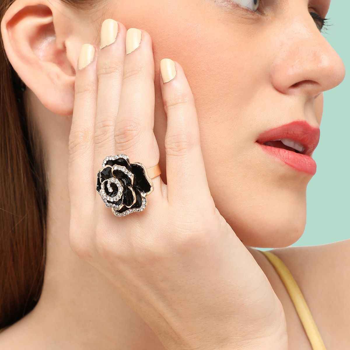 Sohi Gold-Plated Stone Studded Black Rose Shape Finger Ring For Women's