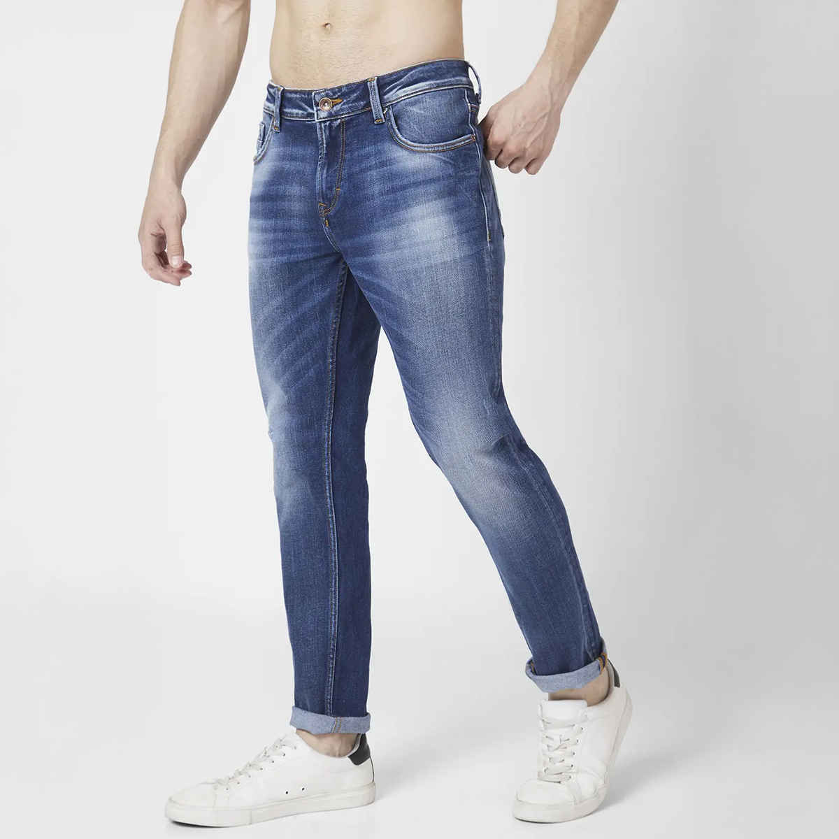 Spykar Men's Slim Fit Low Rise Jeans | Skinny | Mid Blue - 32