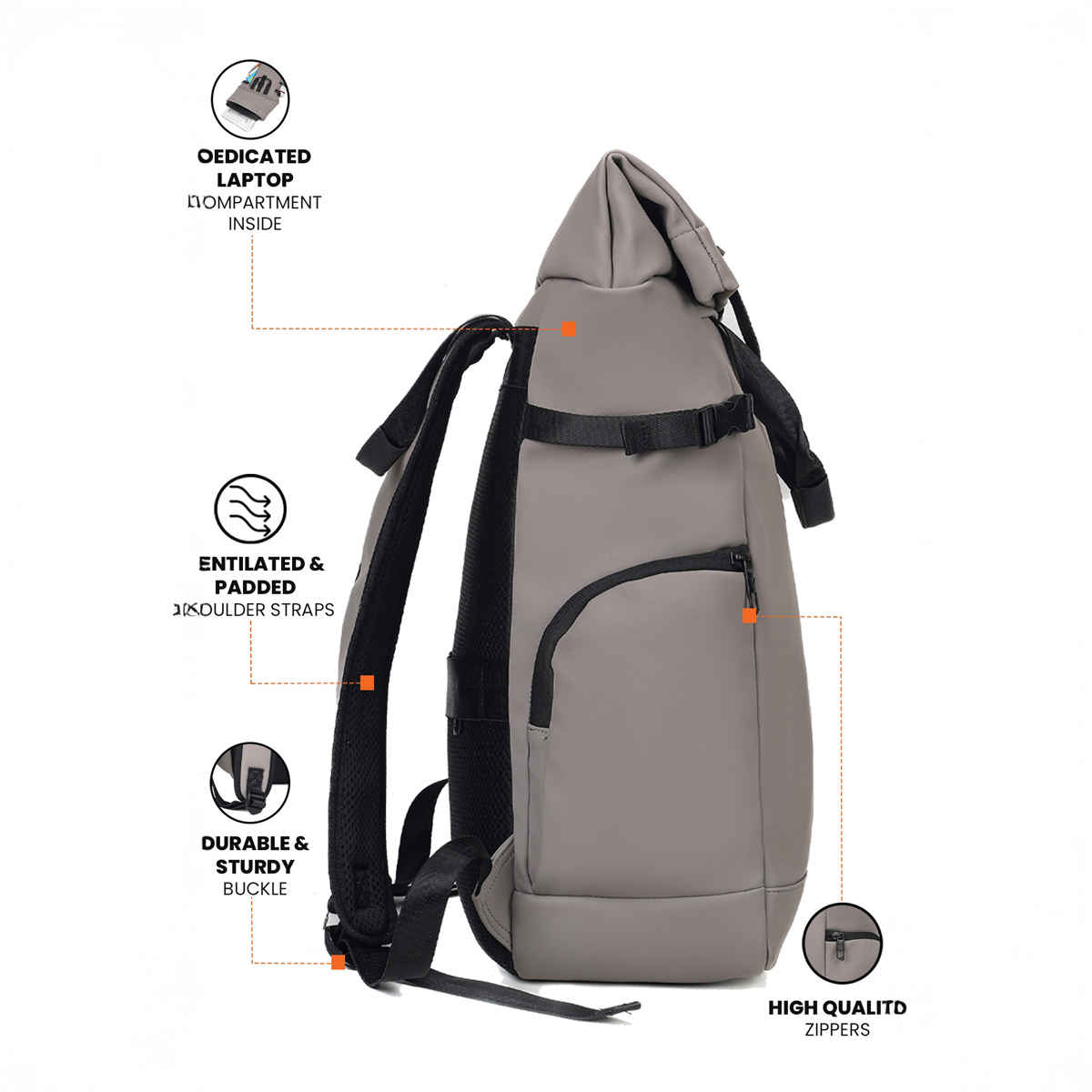 Fur Jaden 24 L Grey Vegan Leather Rolltop Laptop Backpack with Anti-Theft Compartment