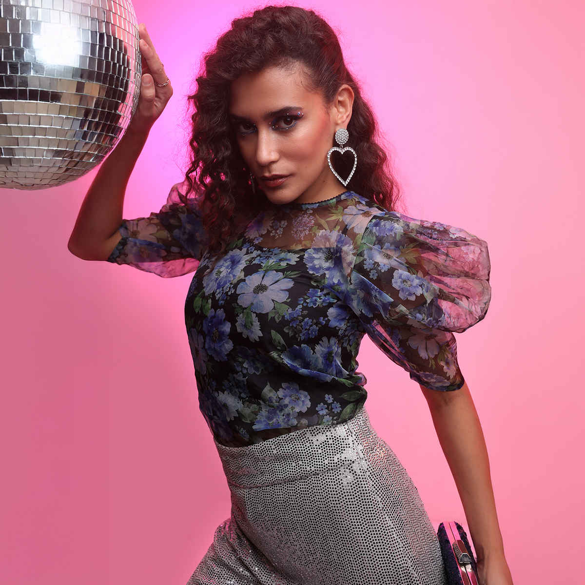 Tokyo Talkies Women's Floral Printed Puff Sleeves Top | Blue and Black - XL