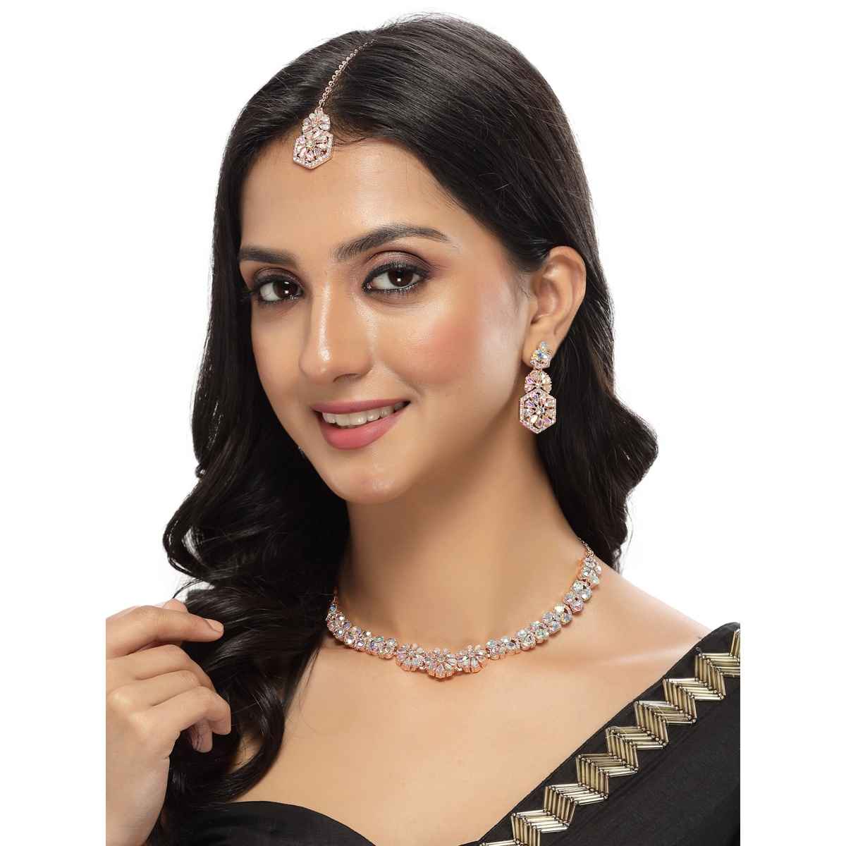 Sukkhi Fusion Rose Gold Plated Collar Bone Necklace Set Earring & Maangtika Set for Women