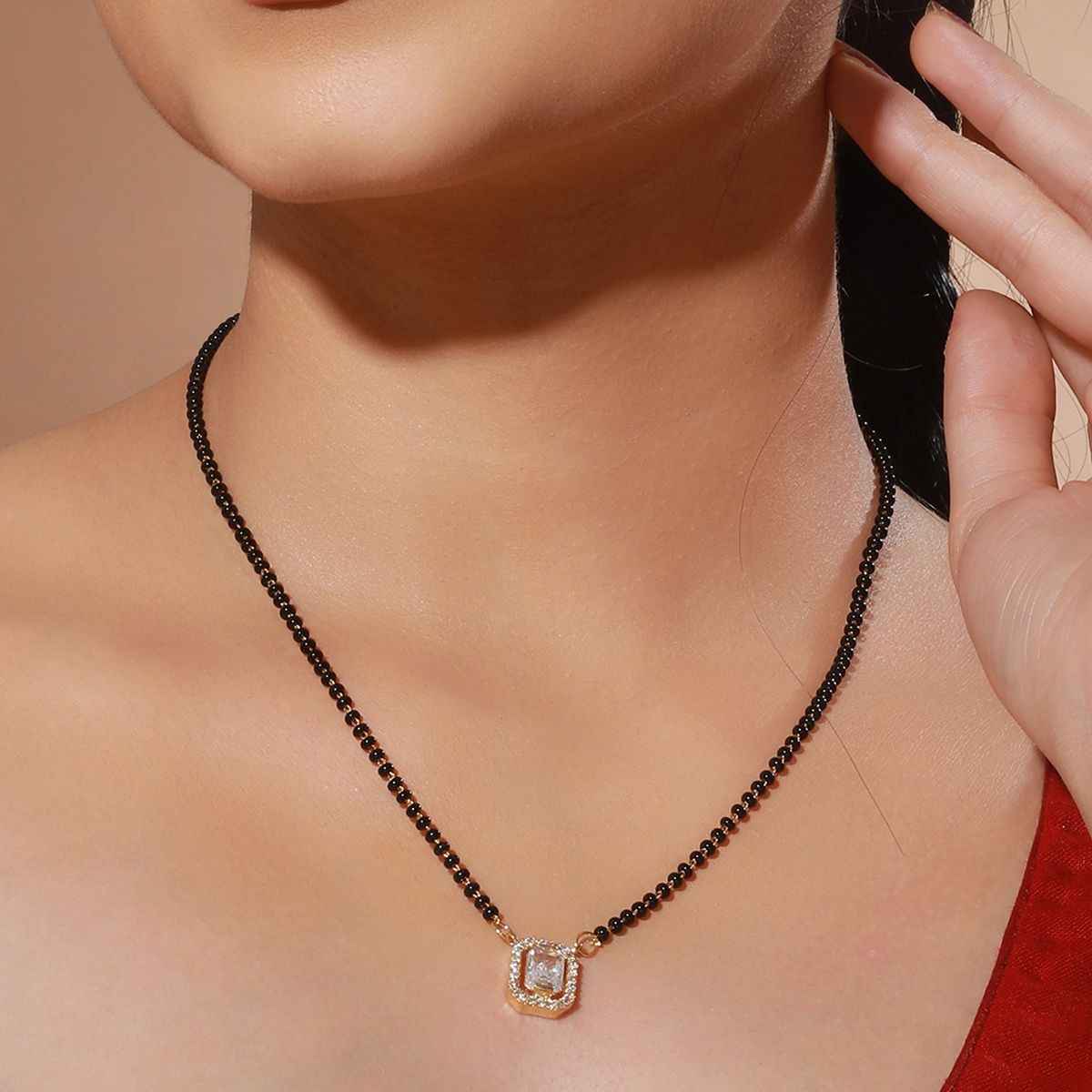 Priyaasi Studded Block Ad Black Beads Gold-Plated Mangalsutra