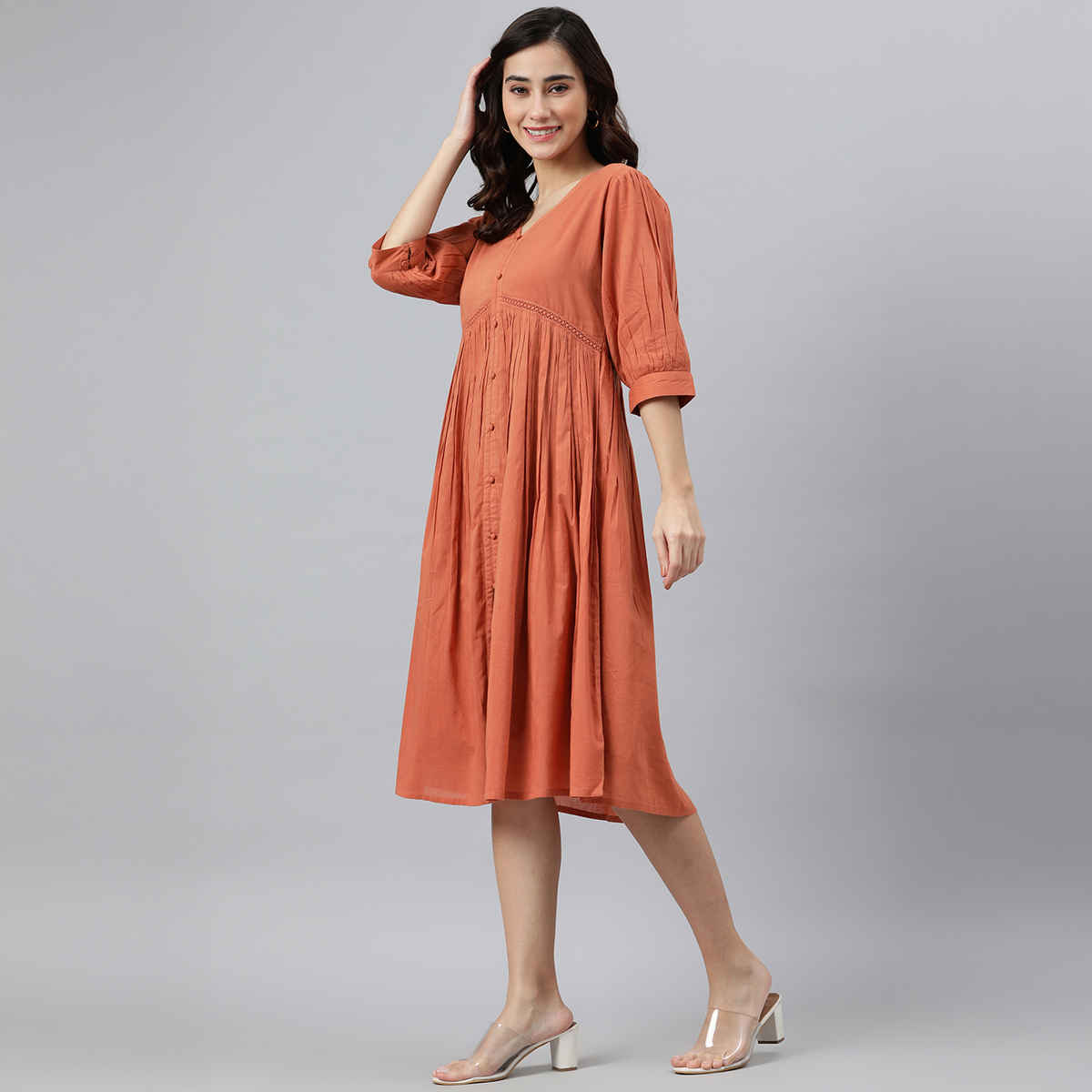 Janasya Women's Coral Orange Pure Cotton Solid Flared Dress - XL