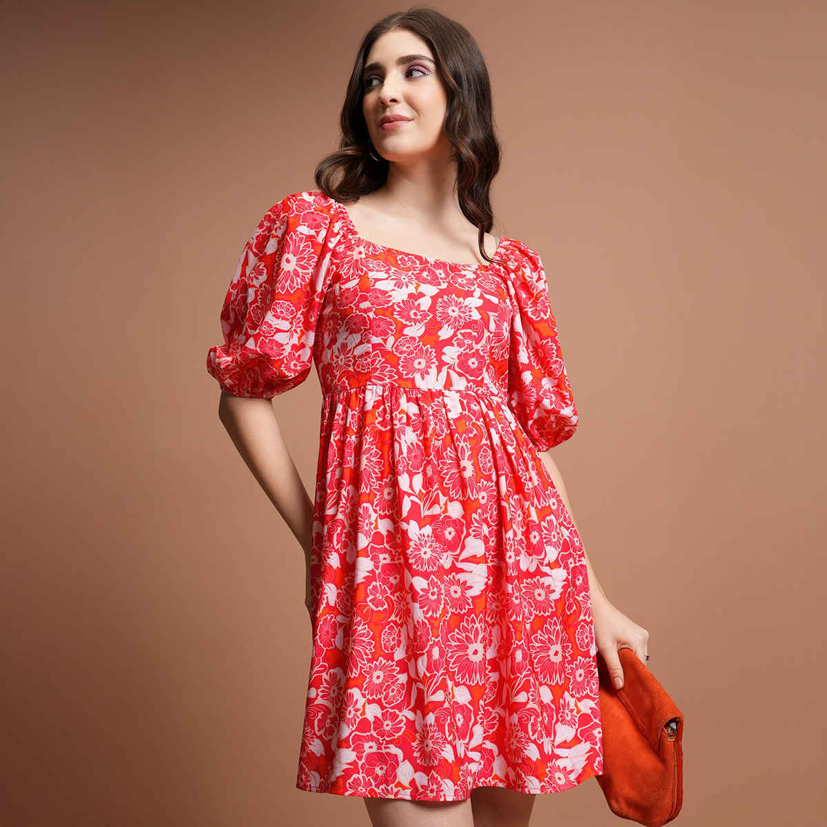 Tokyo Talkies Women's Floral Printed Puff Sleeves Gathered Fit & Flare Mini Dress | Red & White - XL