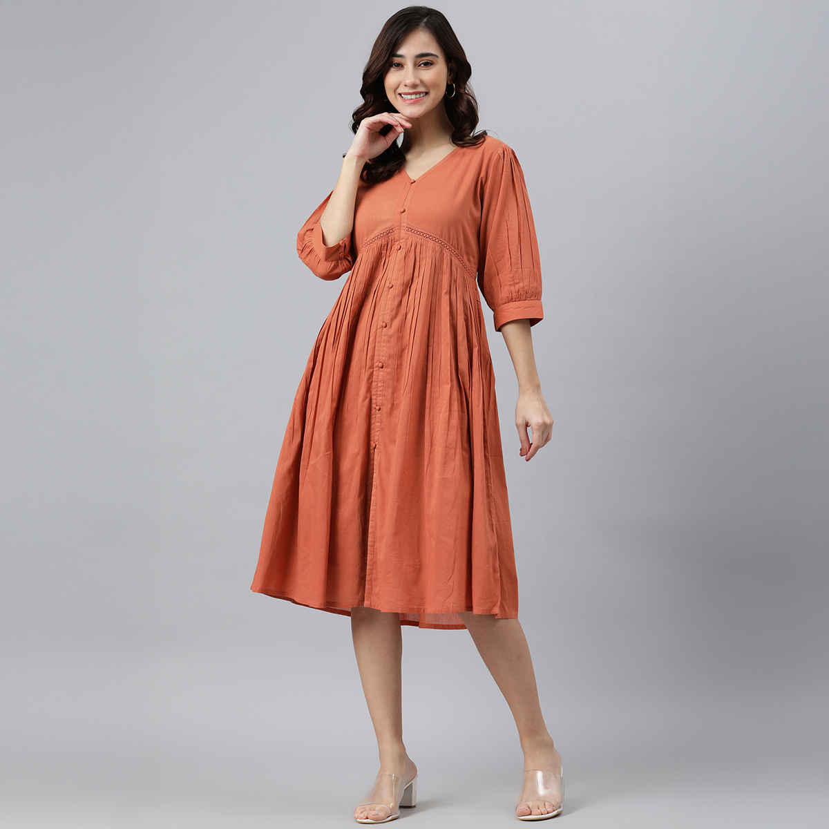Janasya Women's Coral Orange Pure Cotton Solid Flared Dress - XL