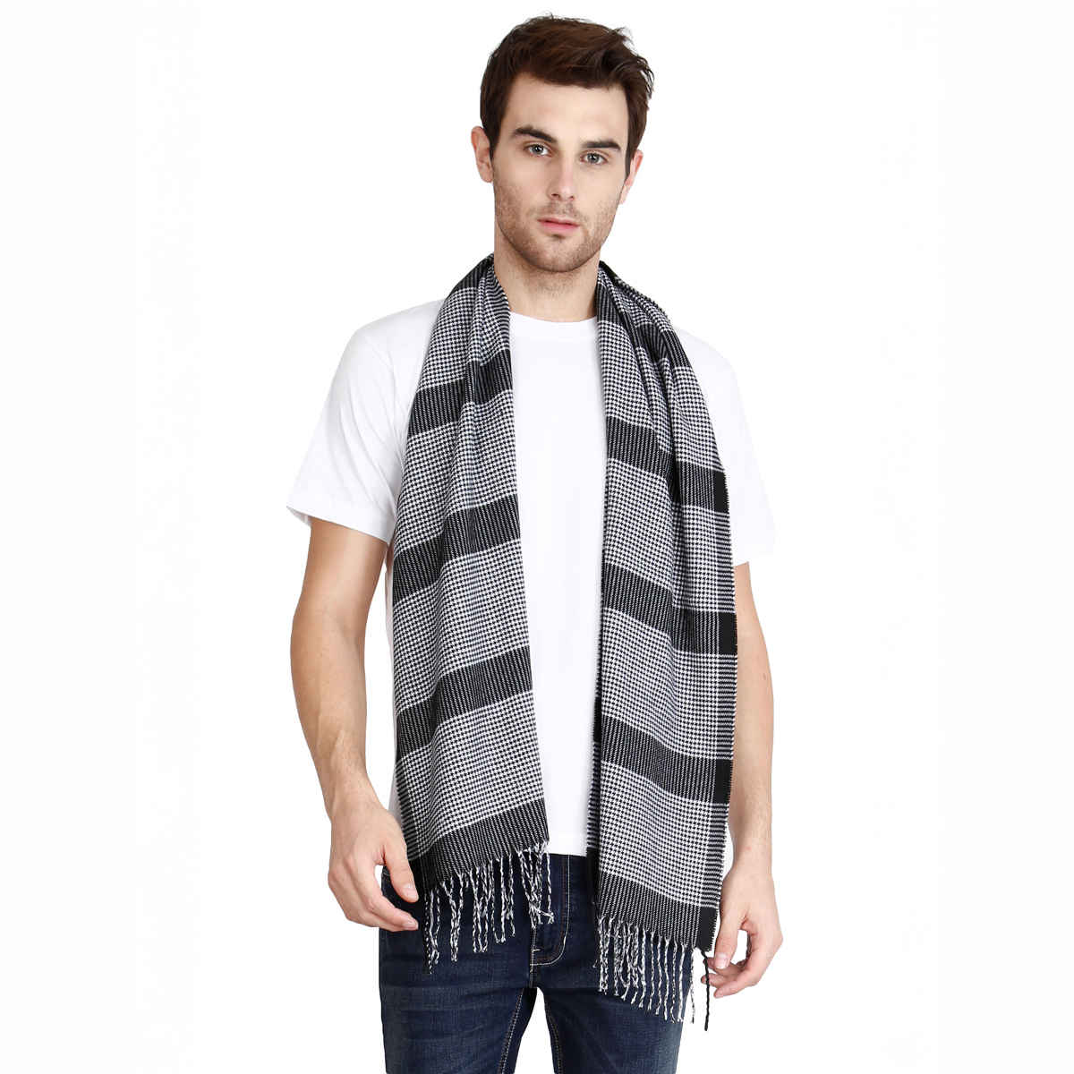 Fabseasons Men's Checkered Acrylic Wool Muffler | White - Free Size