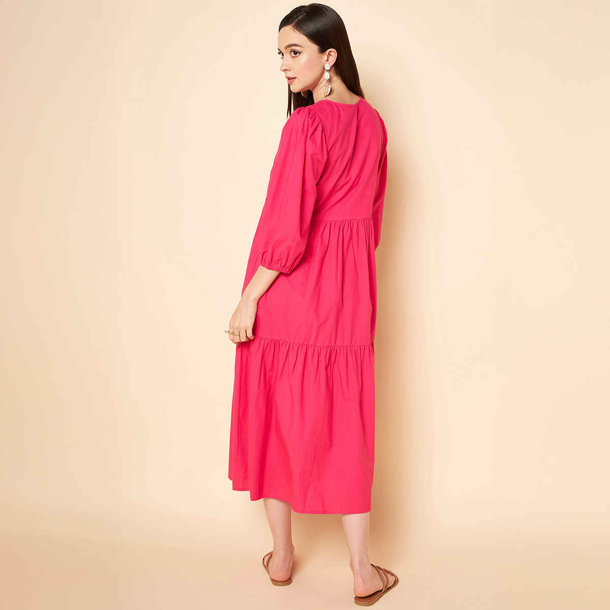 High Star Women Pink V-Neck Puff Sleeve Fit & Flare Midi Dress (Size-XL)