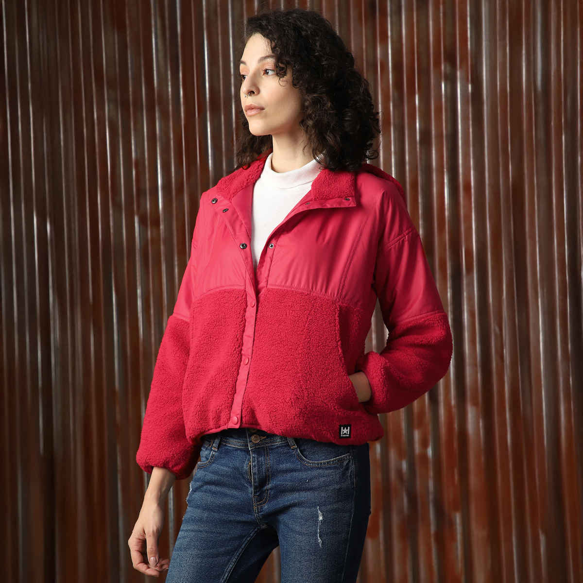 High Star Women's Self Design Hooded Front-Open Sweatshirt | Red - L