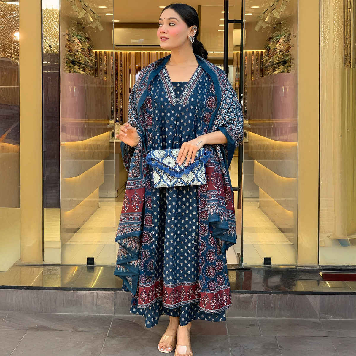 GoSriKi Women's Viscose Rayon Anarkali Printed Kurta with Pant & Dupatta | NAKULA | Blue - L