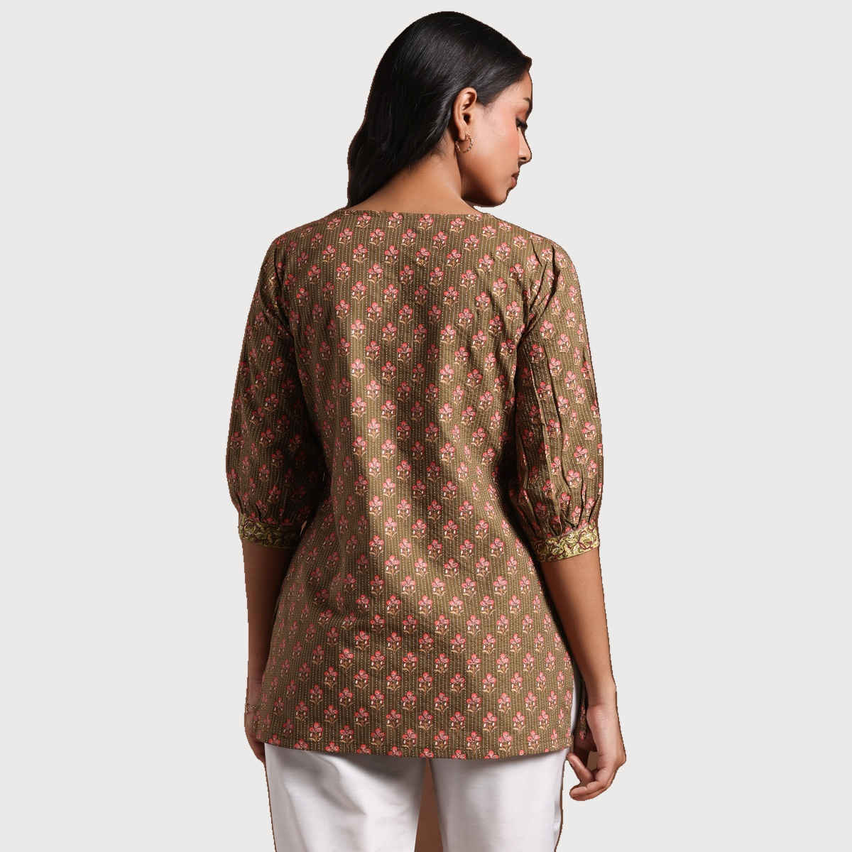 Libas Women Floral Printed Olive Straight Kurti With Thread Work | Olive | XL