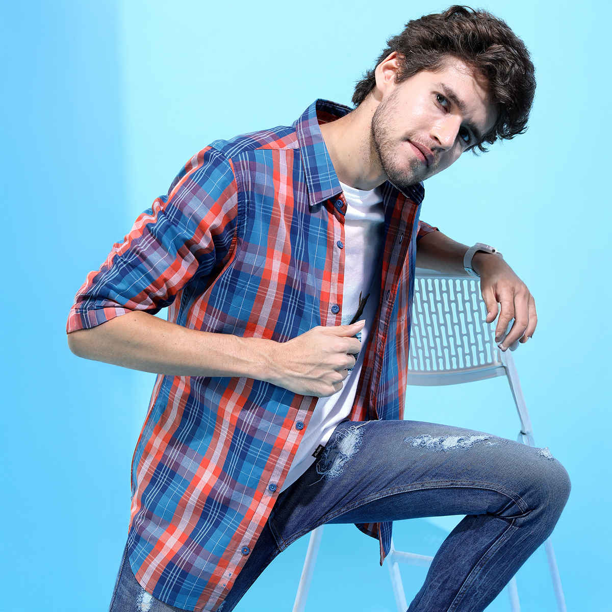 HIGHLANDER Men's Slim Fit Checked Casual Shirt | Blue and Orange - S