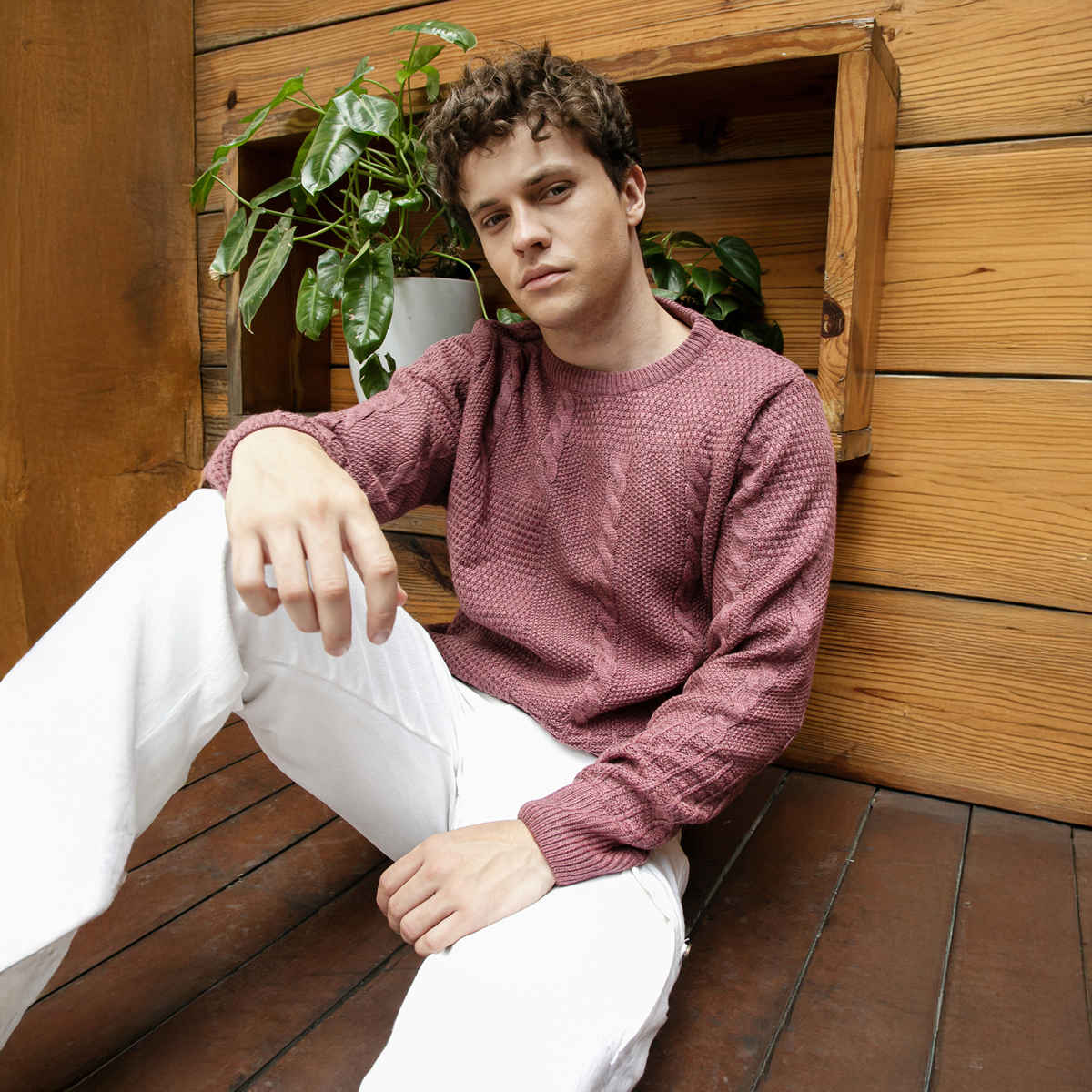 Campus Sutra Men's Twist-Knit Pullover Sweater | Mauve Brown - M