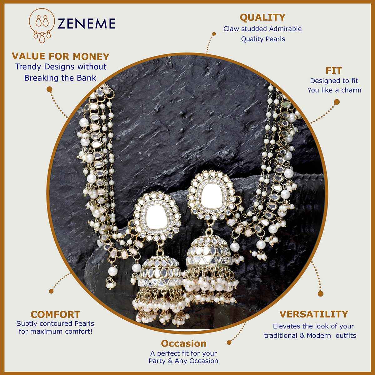 Zeneme Stylish Gold Plated Polki & Pearl Bahubali Jhumki Earrings Jewellery For Women & Girls