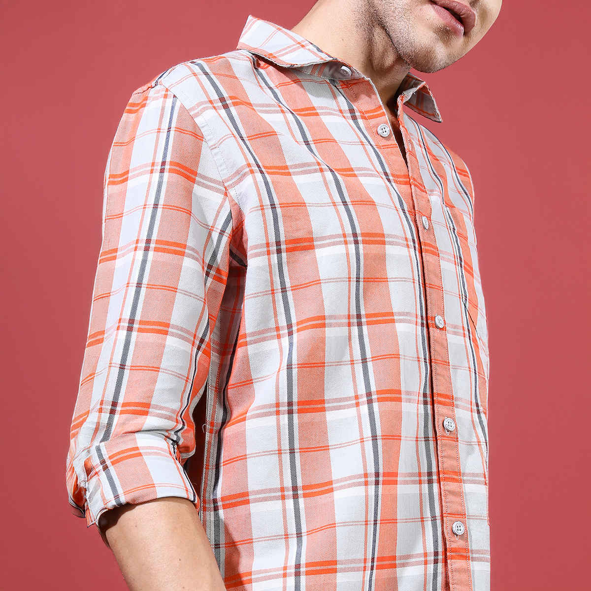 HIGHLANDER Men's Slim Fit Checked Shirt | Orange and Grey - M