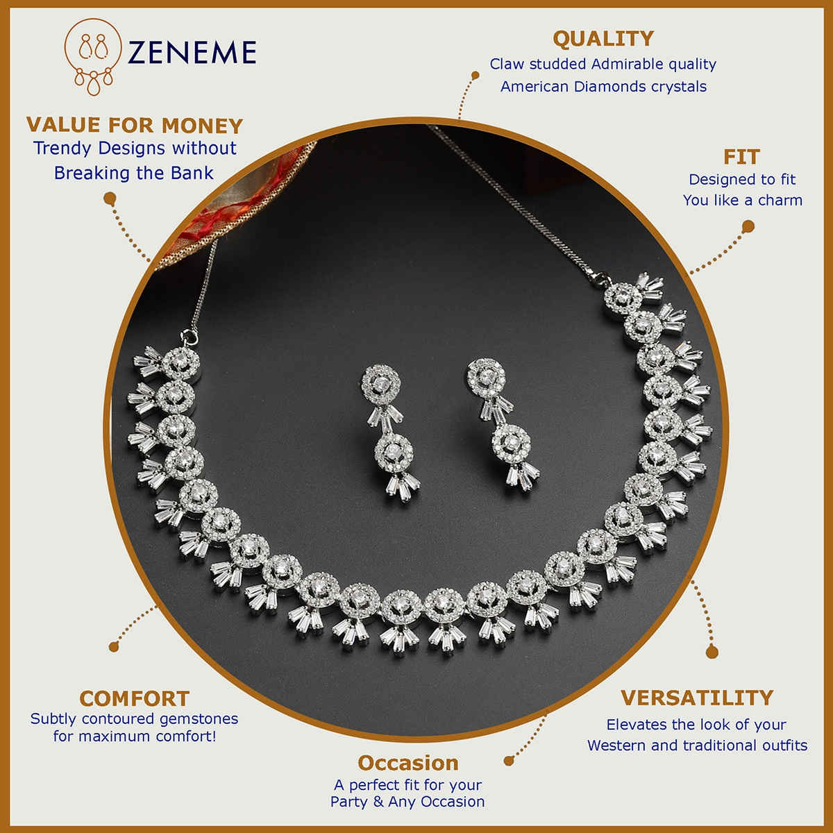 Zeneme Rhodium-Plated White AD-Studded Jewellery Set For Women & Girls