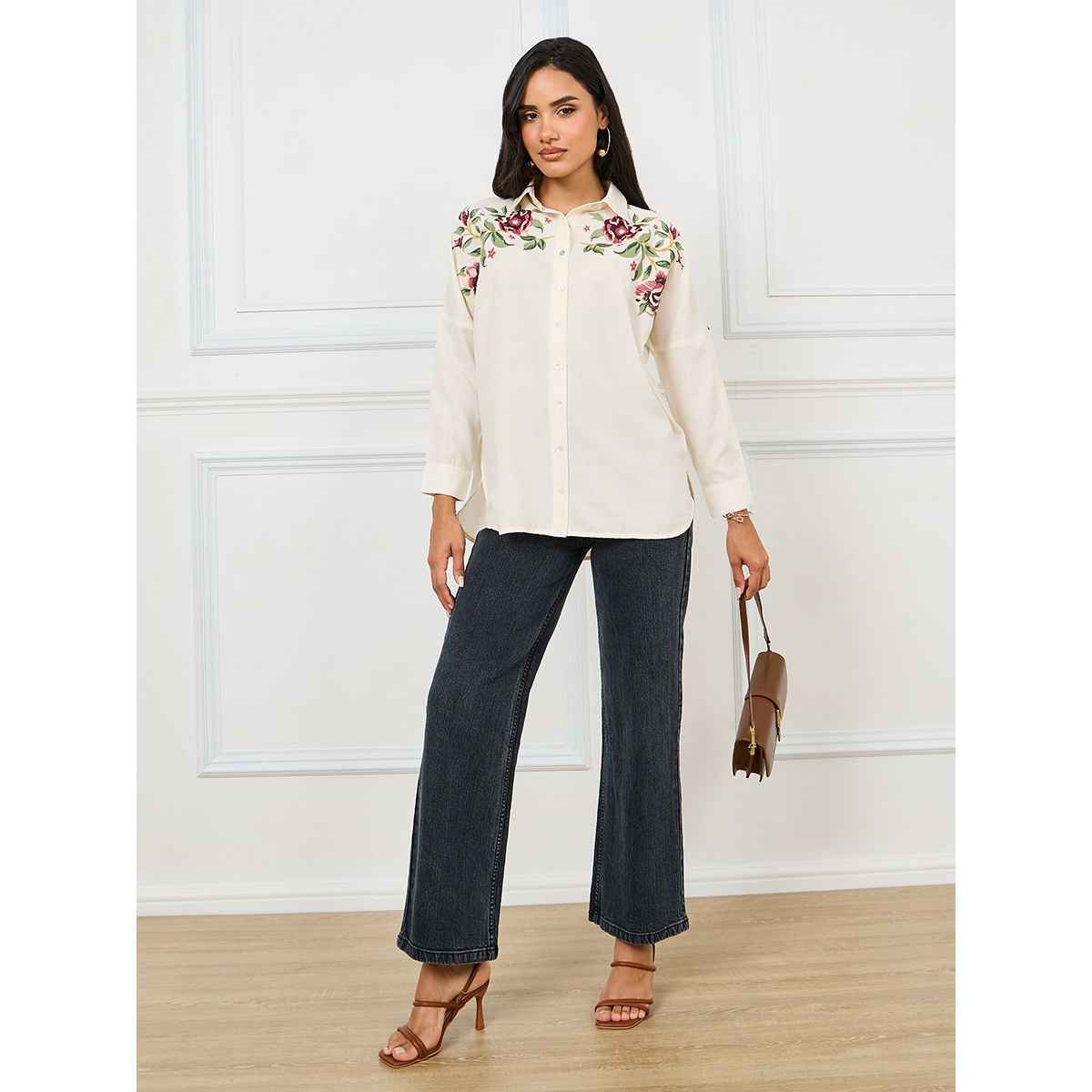 Styli Women's Extended Shoulder Cotton Shirt with Regular Fit | Off White - XS