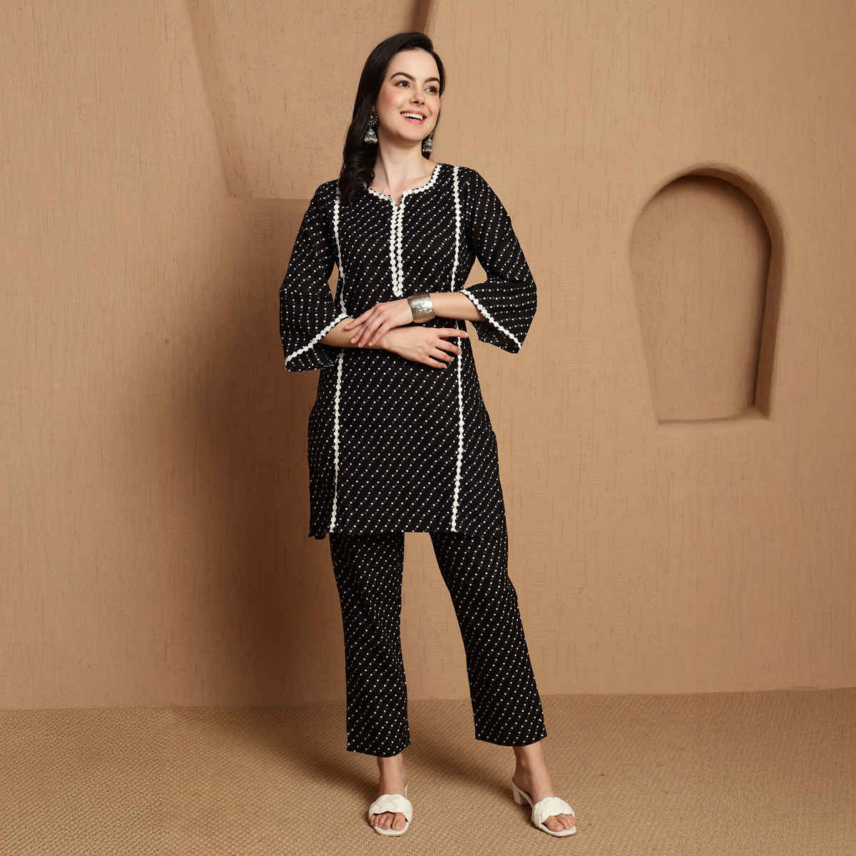 Bandia Women's Polka Dot Lace Embellished Co-ord Set | BANCS0278 | Black and White | M