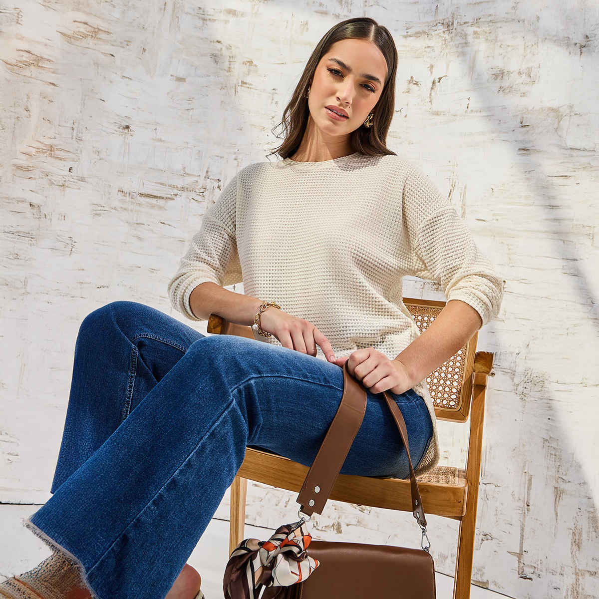 Styli Women's Oversized Solid Textured Curved Hem T-shirt | Beige - M