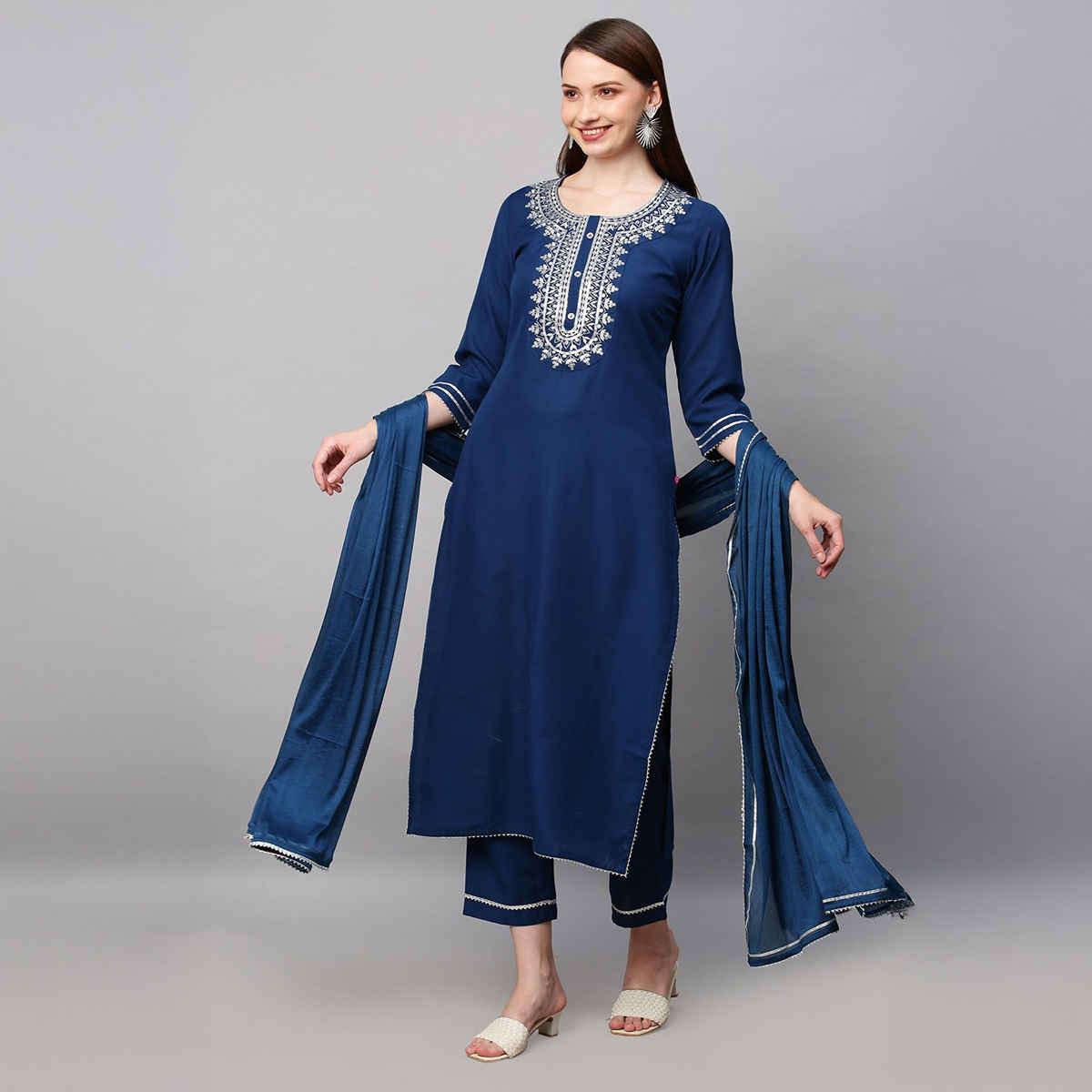 GoSriKi Women's Viscose Rayon Straight Embroidered Kurta with Pant & Dupatta | Blue - S
