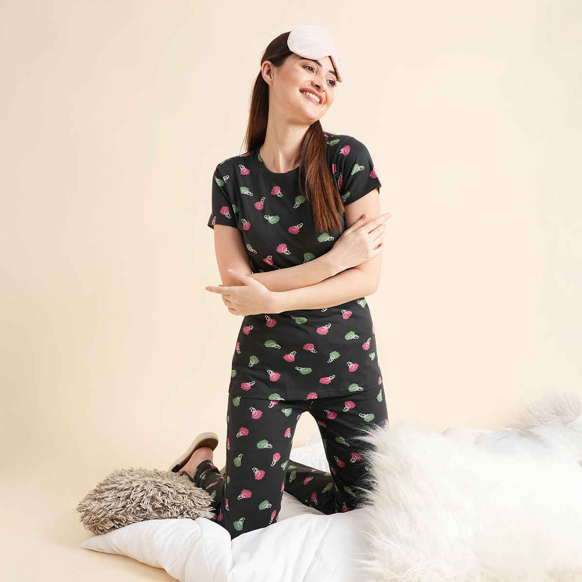 Sweet Dreams Women Printed Half Sleeves Top & Bottom Set Dark Green - L