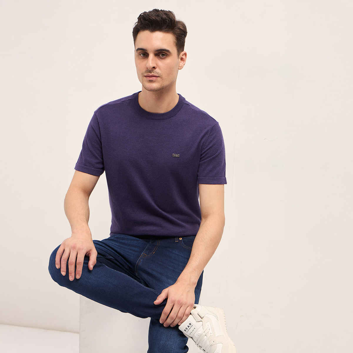 THE BEAR HOUSE Men's Cotton Solid Crew Neck T-Shirt | TSH-CORACO-PL | Purple - L