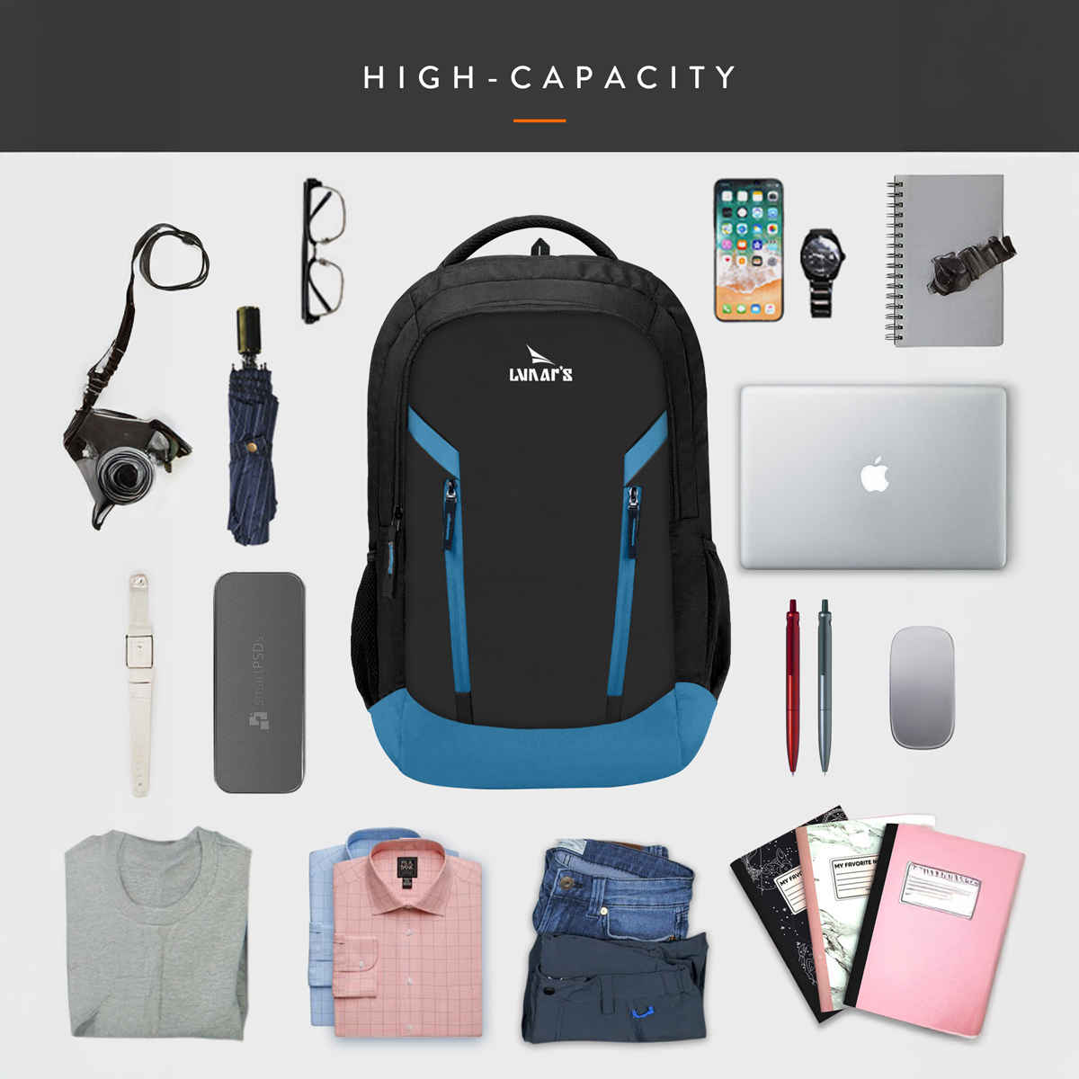 Lunar's Unisex Polyester 48 L Laptop Backpack | Black and Blue