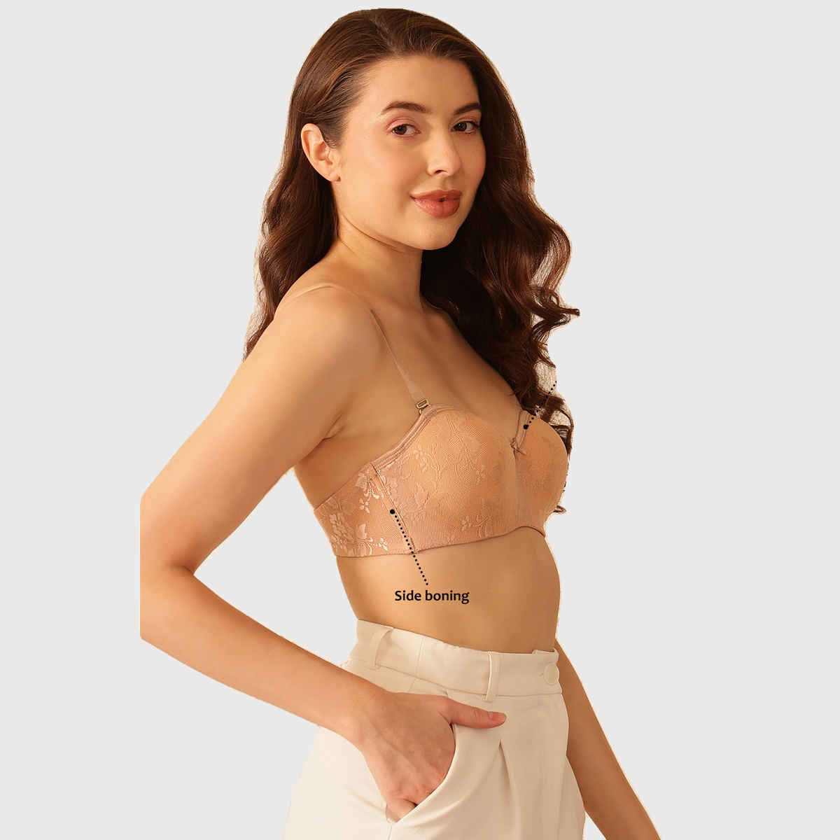 Clovia Women Padded Underwired Full Coverage Strapless Bra - Lace | Beige | 32D