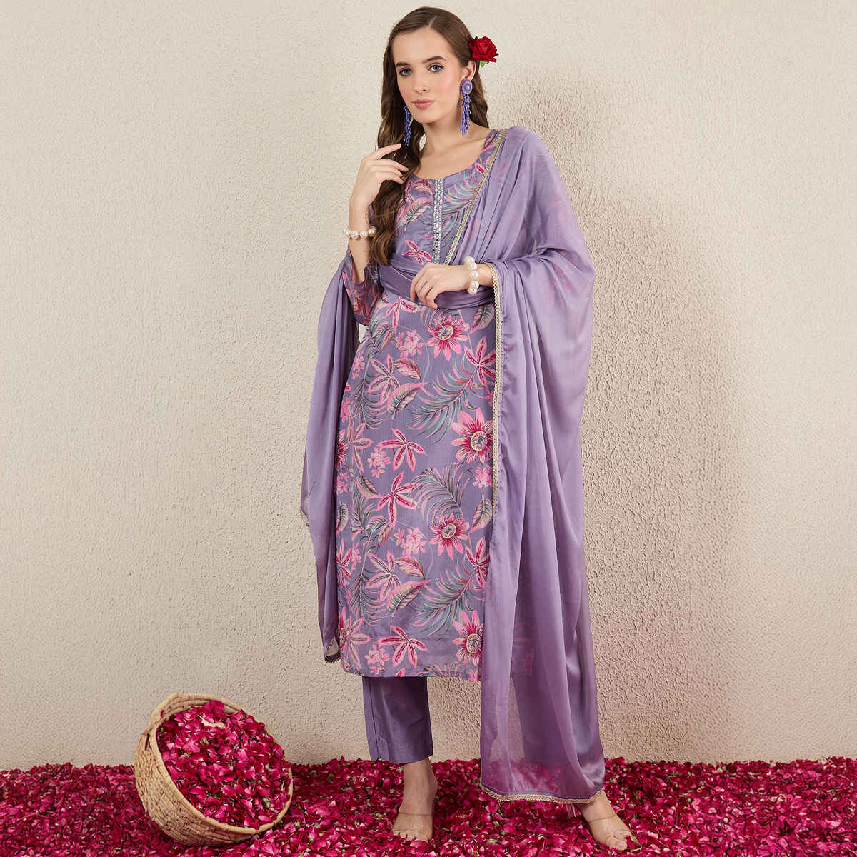 Indo Era Women's Printed Straight Kurta Pant with Dupatta set | KH9LV10858 | Lavender - XL