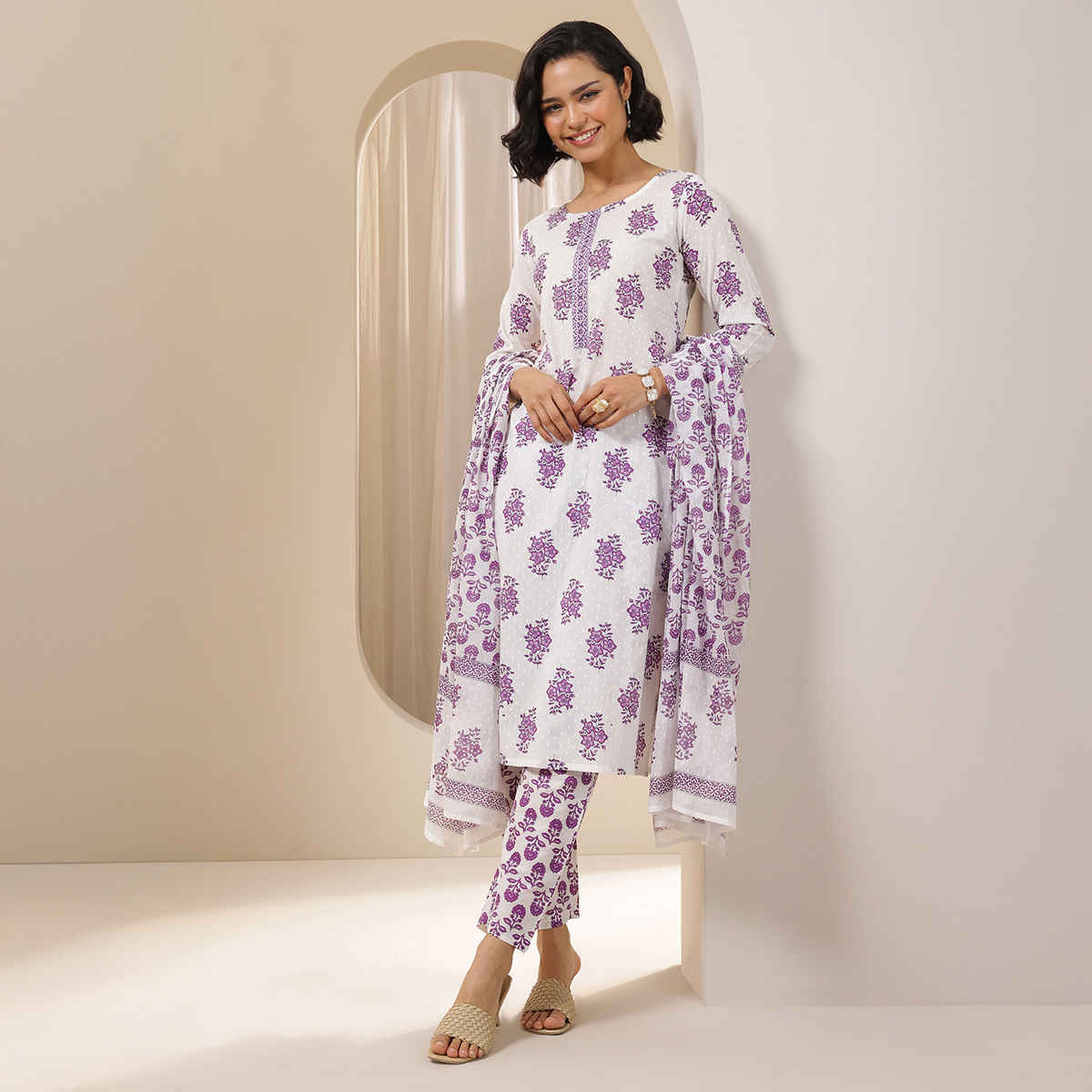 Libas Women's Printed Cotton Straight Suit Sets With Dupatta | 99567 | Off White - S