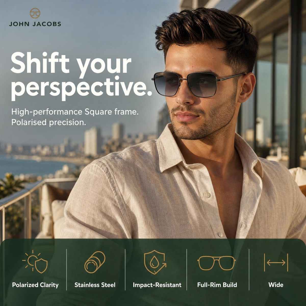 John Jacobs By Lenskart | Premium Polarized Sunglasses | Square | Medium-139mm | Gunmetal-Grey