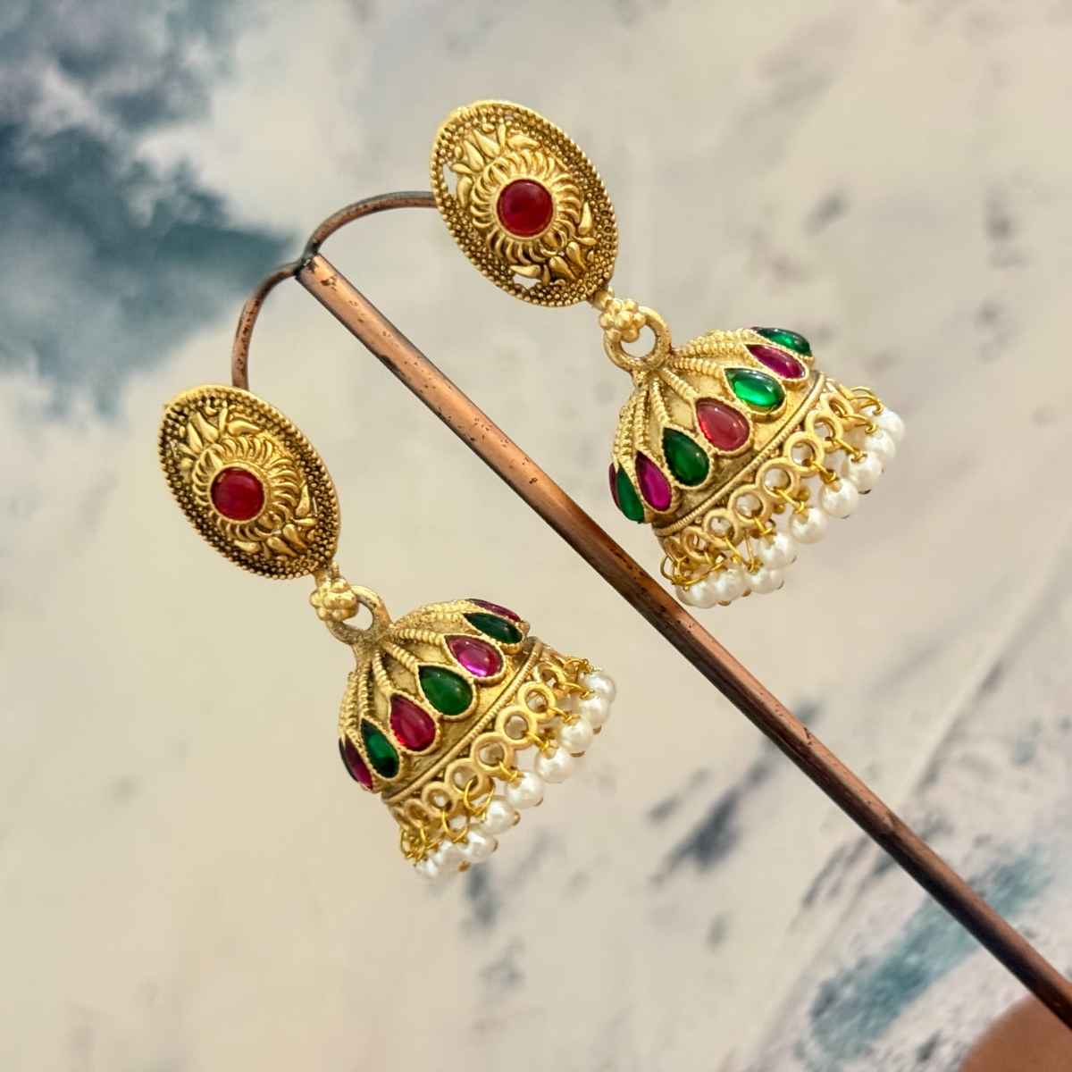 The Opal Factory Earrings Stone Studded Oval Golden Motif Jhumki Earrings with Pearl Hangings |Gold