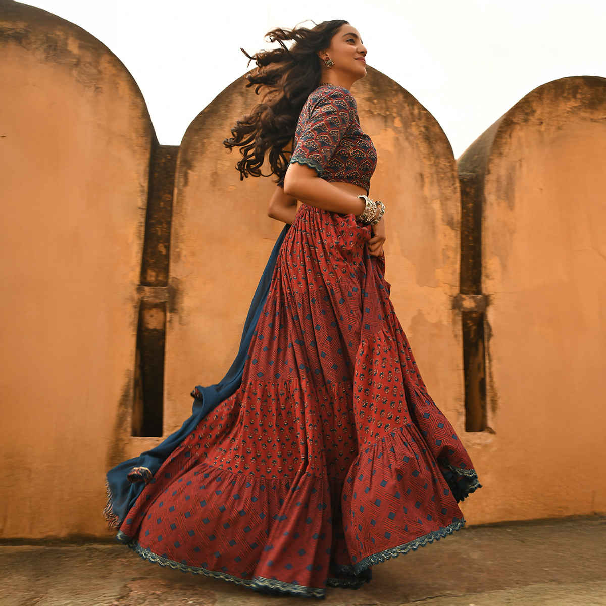 Janasya Women's Cotton Block Print Lehenga Choli with Dupatta | J0484 | Maroon - S