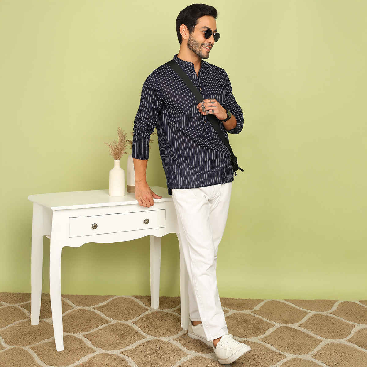 Allan Peter Men's Printed Short Kurta | Blue - M