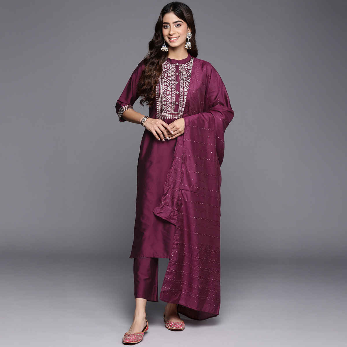 Gerua by Libas Yoke Design Silk Blend Straight Suit With Dupatta | GS805 | Burgundy - M