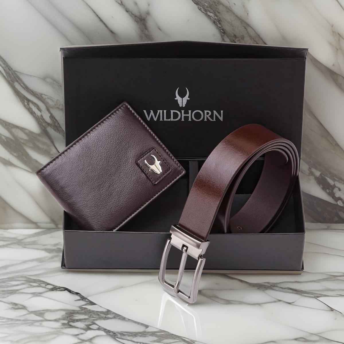 Wildhorn Men's Solid Leather Wallet and Belt Combo | Brown | Free Size