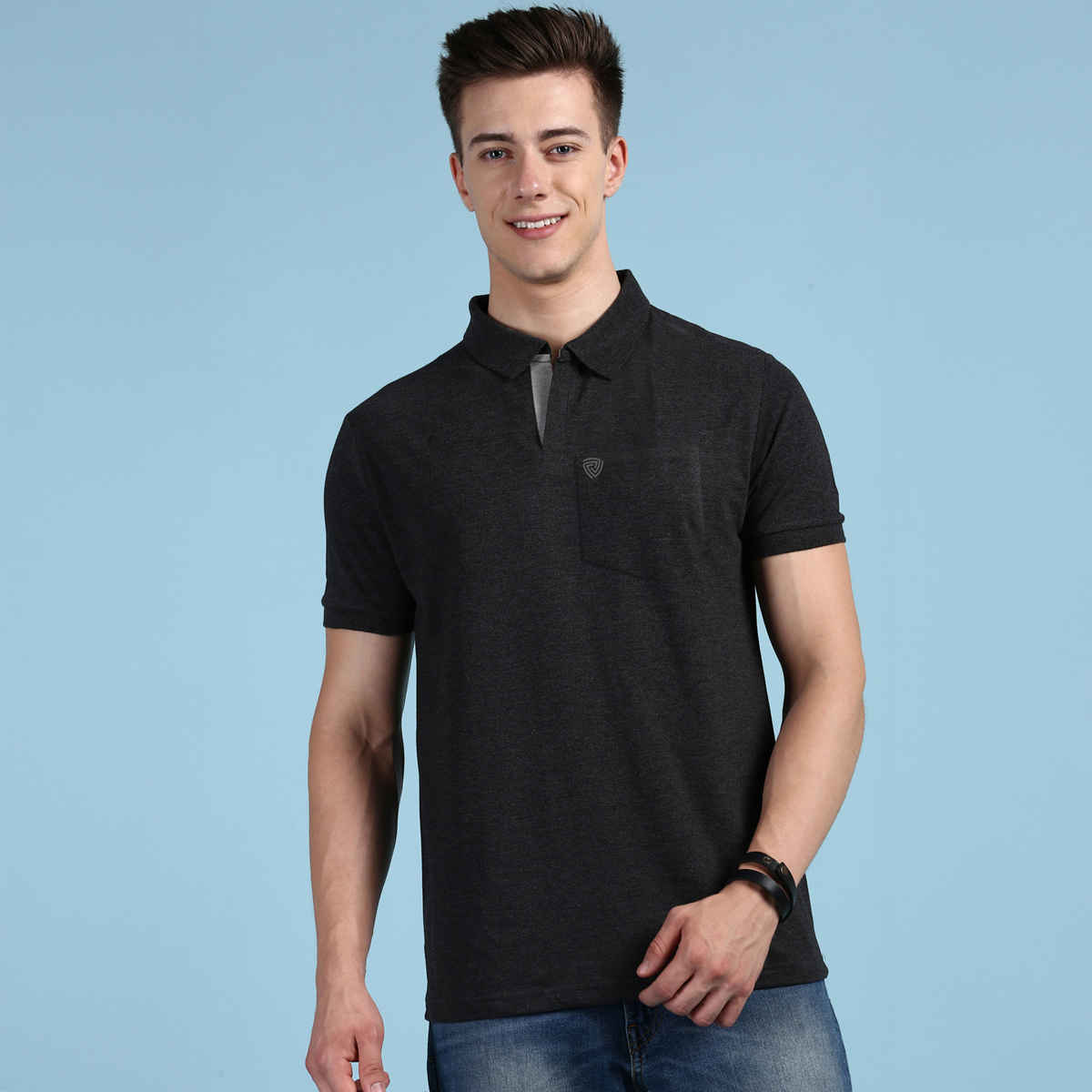 Lux Cozi Men's Solid Cotton Polo T-shirt with Pocket | Black Melange - XL