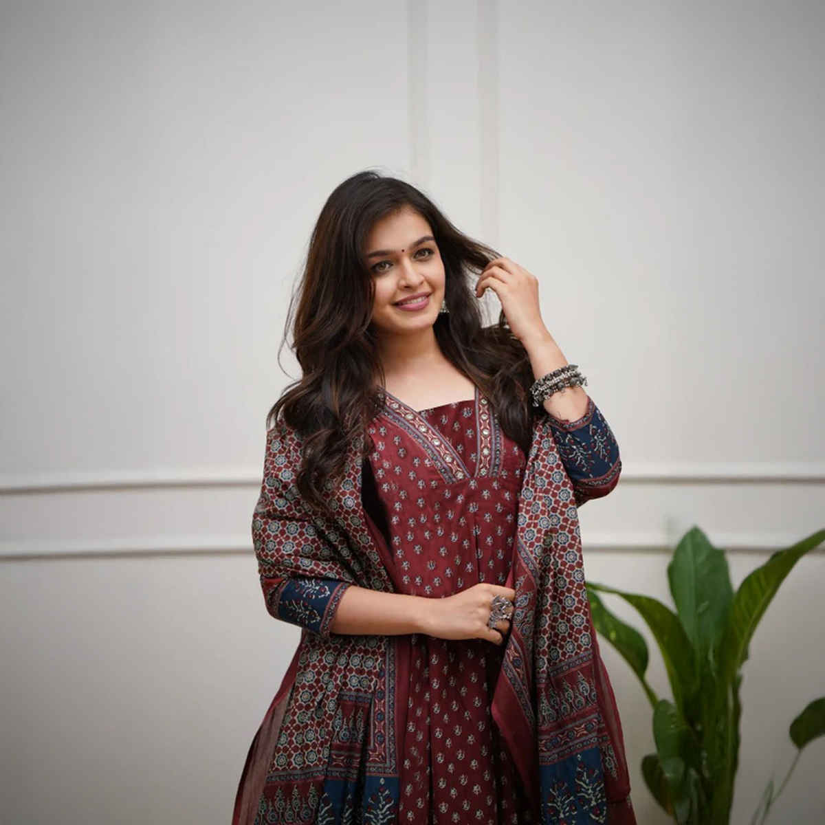 GoSriKi Women's Viscose Rayon Anarkali Printed Kurta with Pant & Dupatta | NAKULA | Wine - M