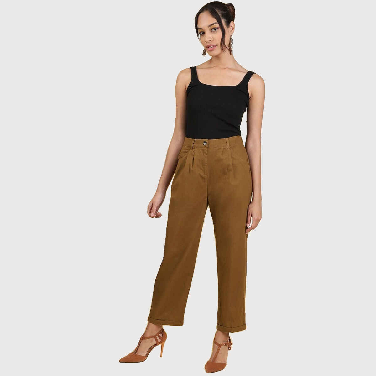 Freehand Women's Casual Regular Pleated Pants - Ginger Bread | Solid | 30