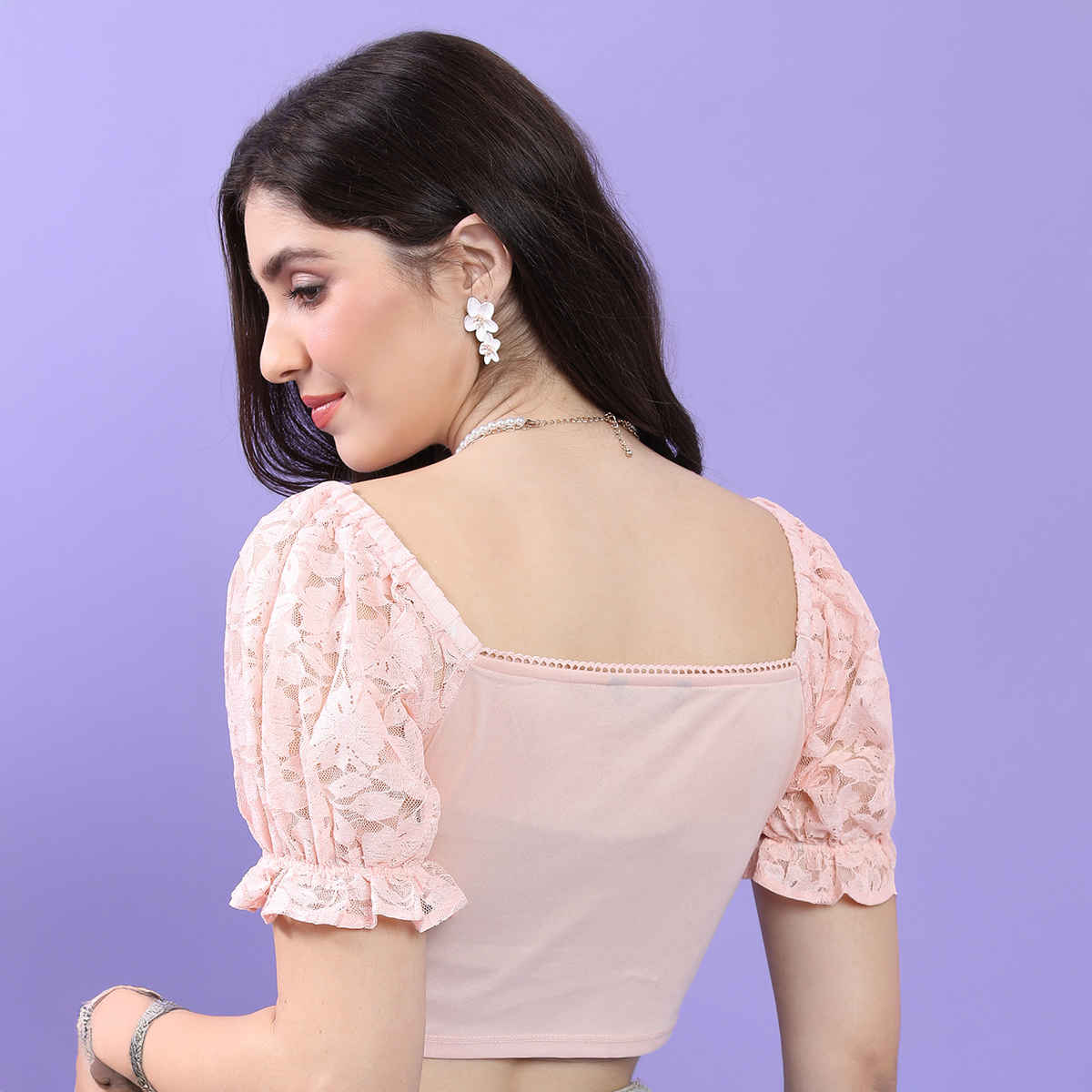 Tokyo Talkies Women's Floral Self Design Puff Sleeves Fitted Crop Top | Pink - M