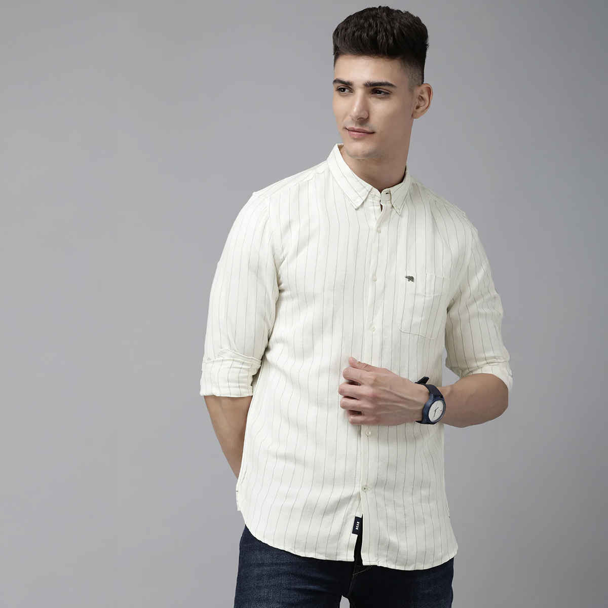 The Bear House Men Slim Fit Striped Cotton Linen Casual Shirt - Wydal | White | L