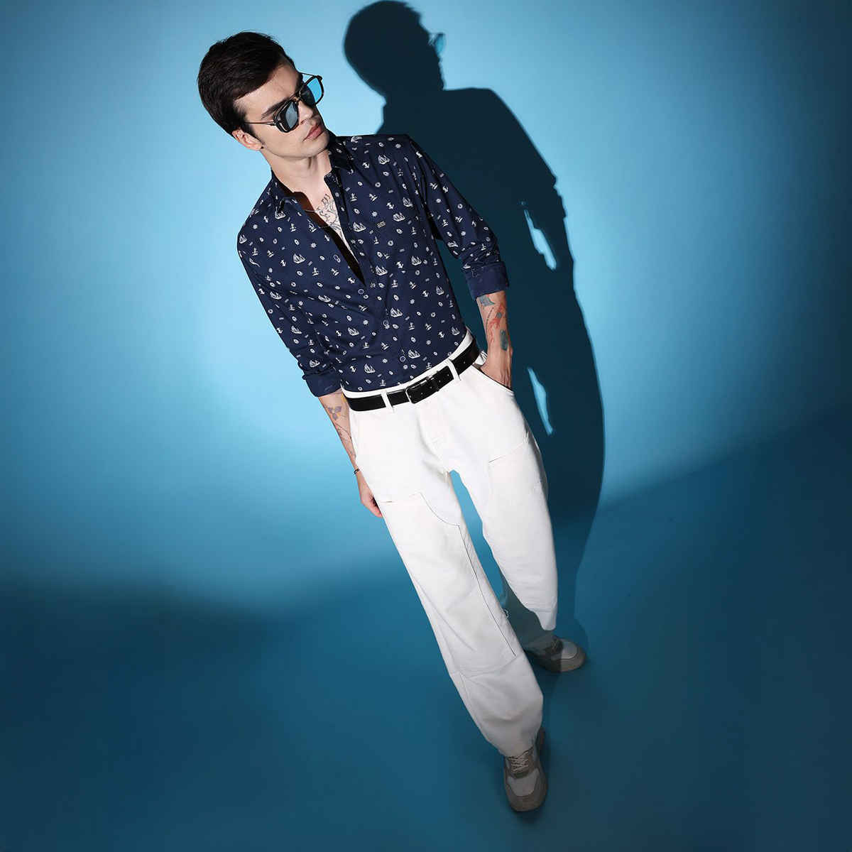 The Indian Garage Co Men's Slim Fit Conversational Print Casual Shirt | Navy Blue - L