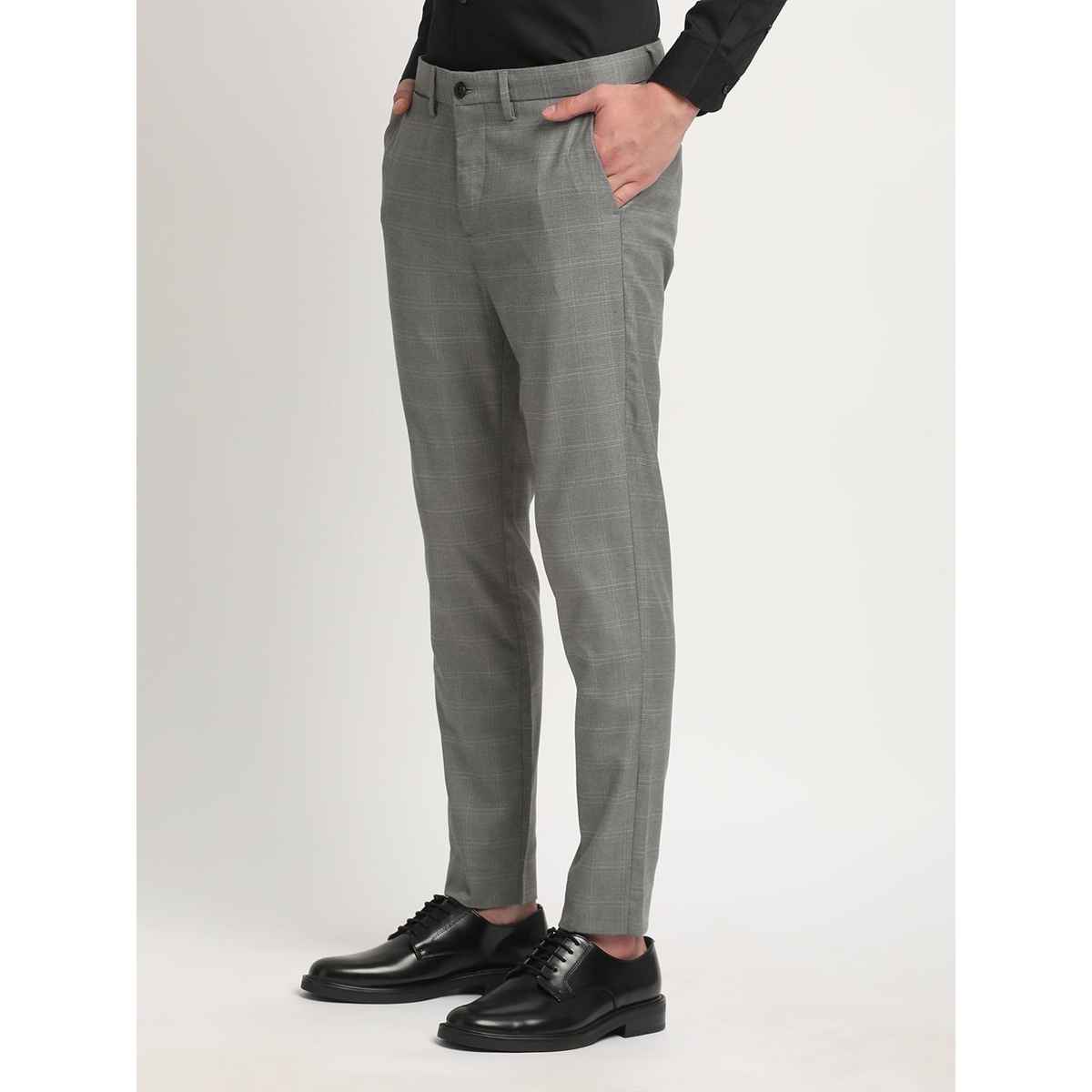 The Bear House Men Slim Fit Checked Polyester Blend Formal Trouser - Caneel | Grey | 32