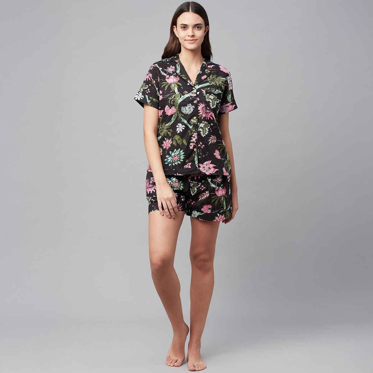 Divena Cotton Floral Print Women's Night Suit | DK0222 | Black - XL