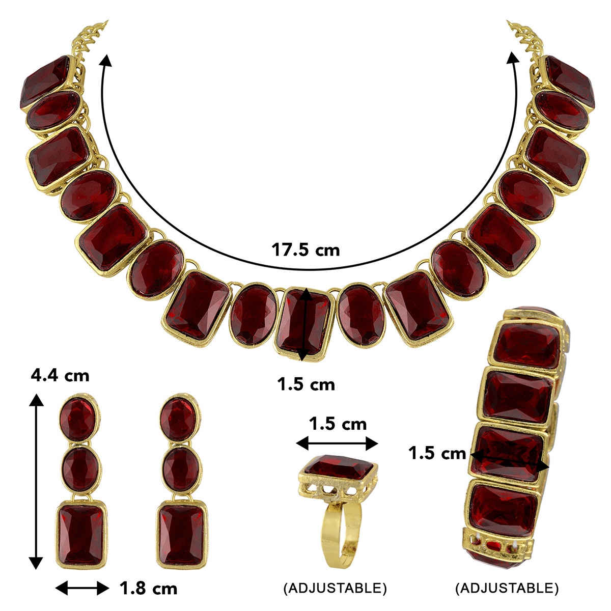 Peora Gold Plated Maroon Crystal Necklace Set with Drop Earrings, Bracelet, and Finger Ring