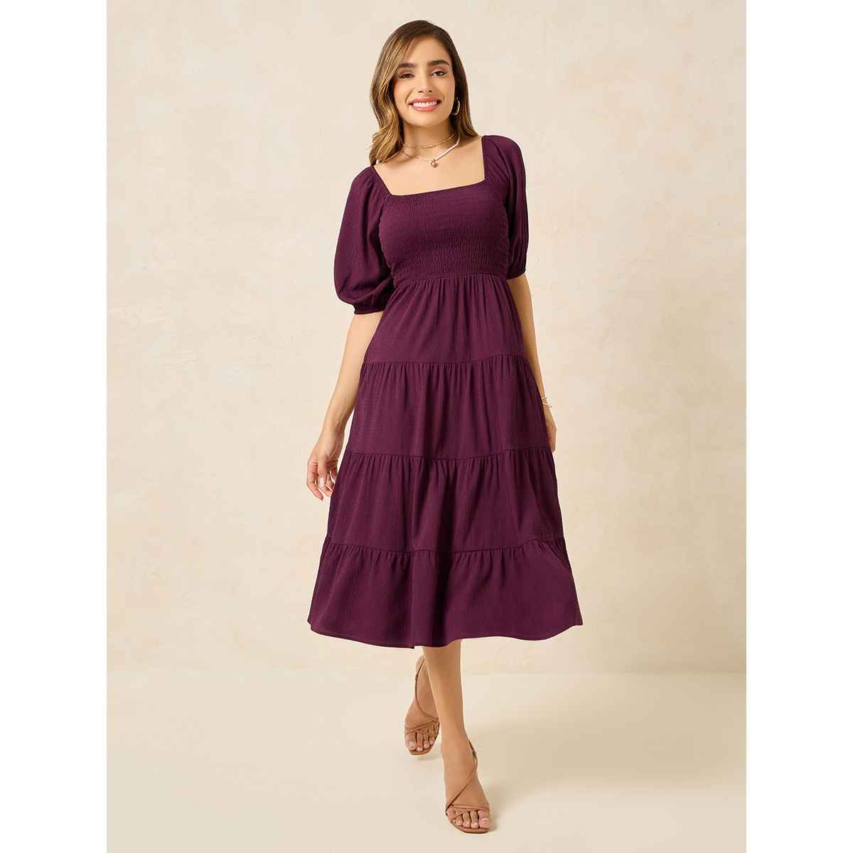 Styli Women's Smocked Midi Length Dress with Puff Sleeves | Purple - XXL